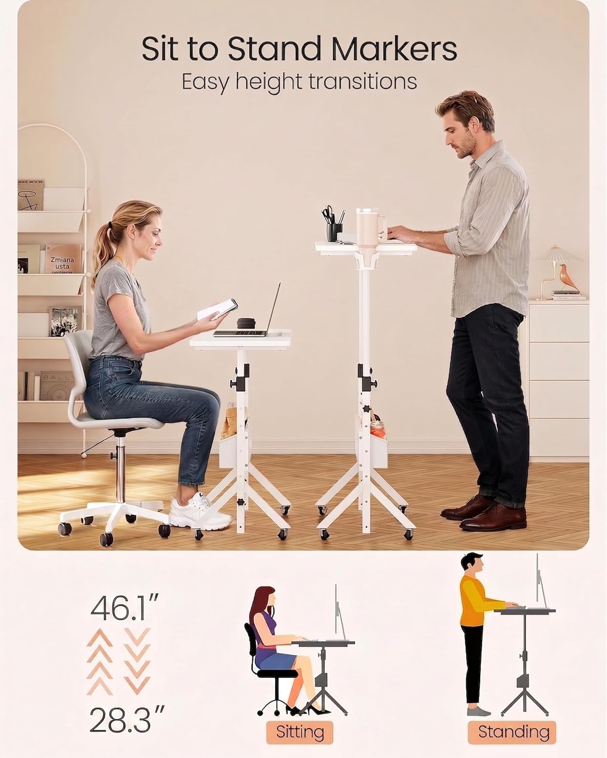 image:imageErGear Mobile Standing Desk with Wheels Adjustable Height 283 to 461 Rolling Laptop Cart with Cup Holder Storage Basket Computer amp Pen Slot Home Office Stand Up Desk White 315 x 1575White
