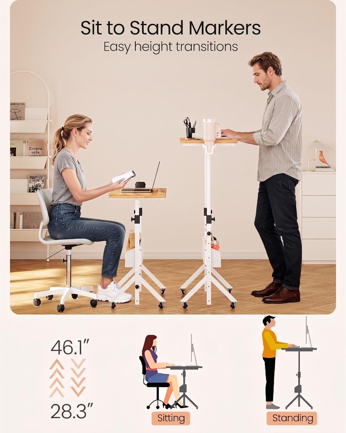 image:imageErGear Mobile Standing Desk with Wheels Adjustable Height 283 to 461 Rolling Laptop Cart with Cup Holder Storage Basket Computer amp Pen Slot Home Office Stand Up Desk White 315 x 1575Light Vintage Wood
