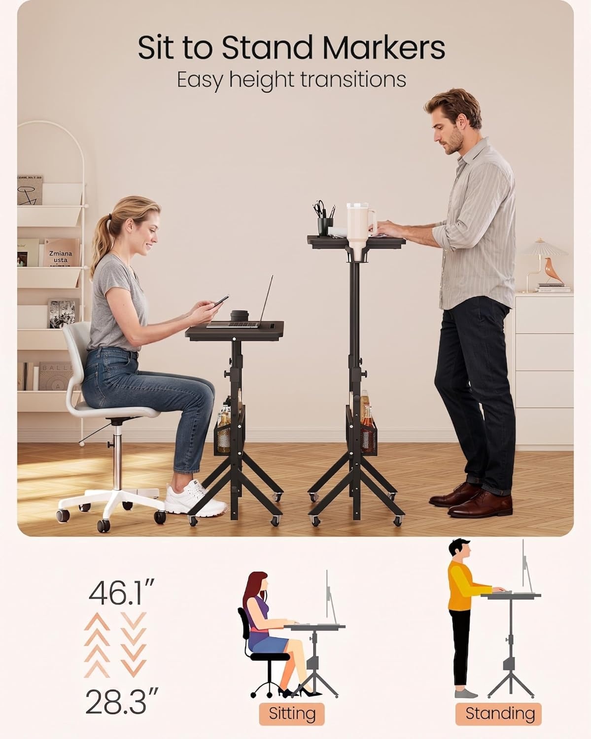 image:imageErGear Mobile Standing Desk with Wheels Adjustable Height 283 to 461 Rolling Laptop Cart with Cup Holder Storage Basket Computer amp Pen Slot Home Office Stand Up Desk White 315 x 1575Black