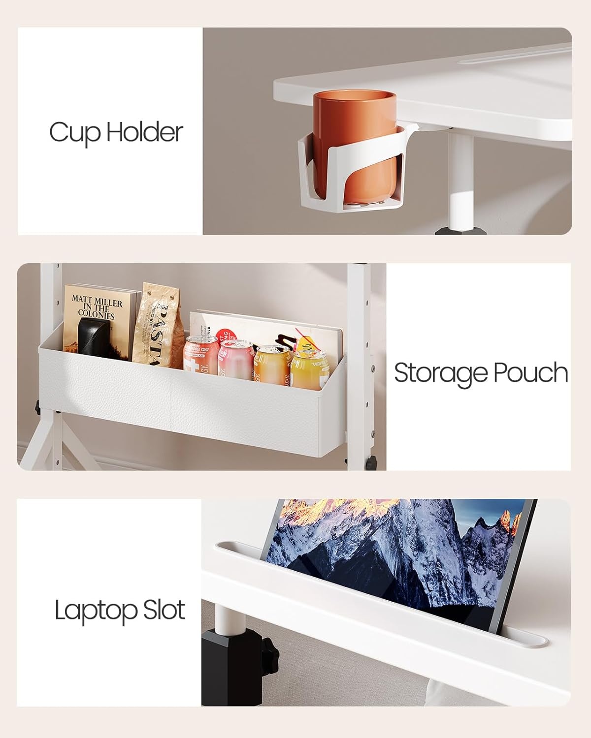 image:imageErGear Mobile Standing Desk with Wheels Adjustable Height 283 to 461 Rolling Laptop Cart with Cup Holder Storage Basket Computer amp Pen Slot Home Office Stand Up Desk White 315 x 1575White