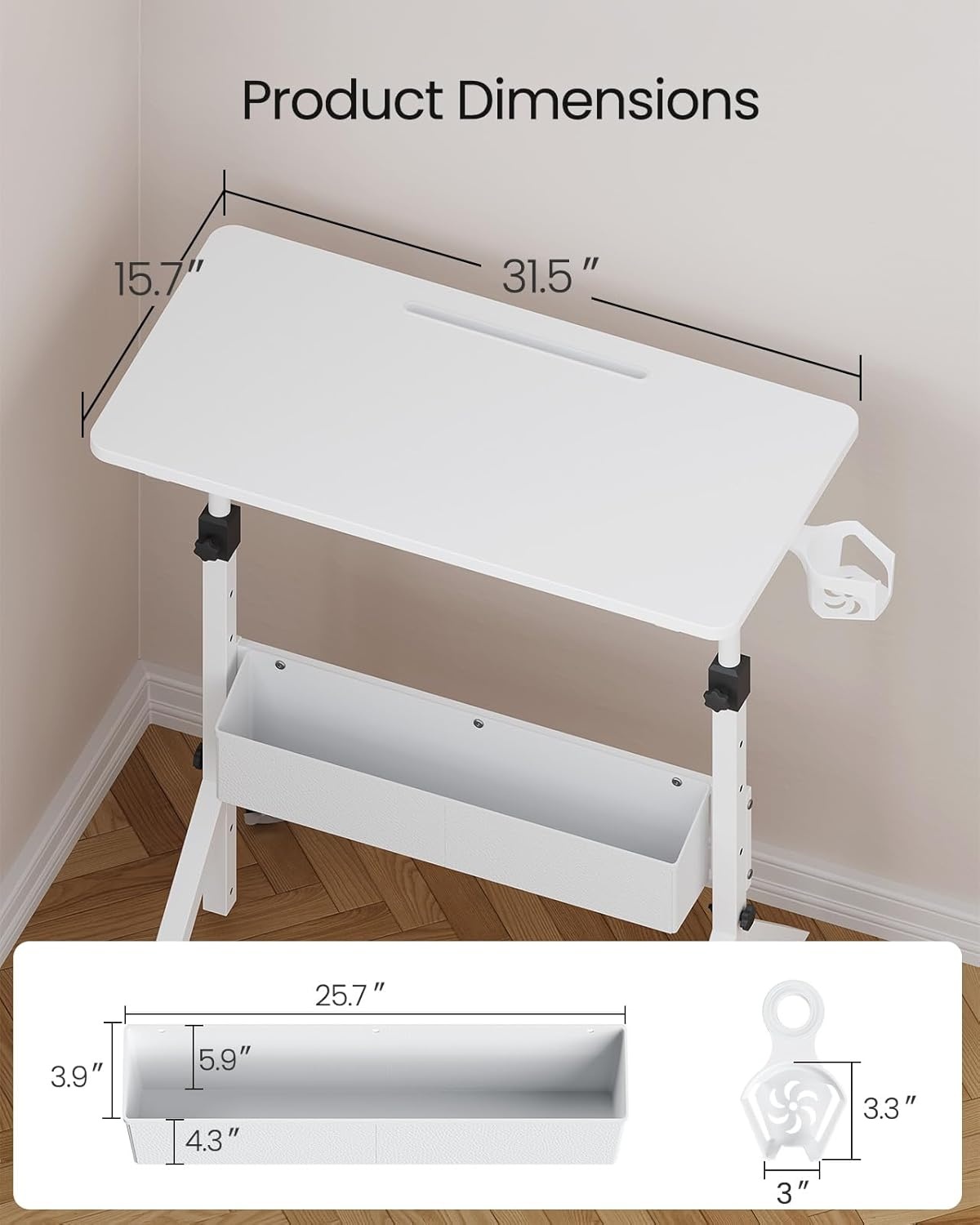 image:imageErGear Mobile Standing Desk with Wheels Adjustable Height 283 to 461 Rolling Laptop Cart with Cup Holder Storage Basket Computer amp Pen Slot Home Office Stand Up Desk White 315 x 1575White