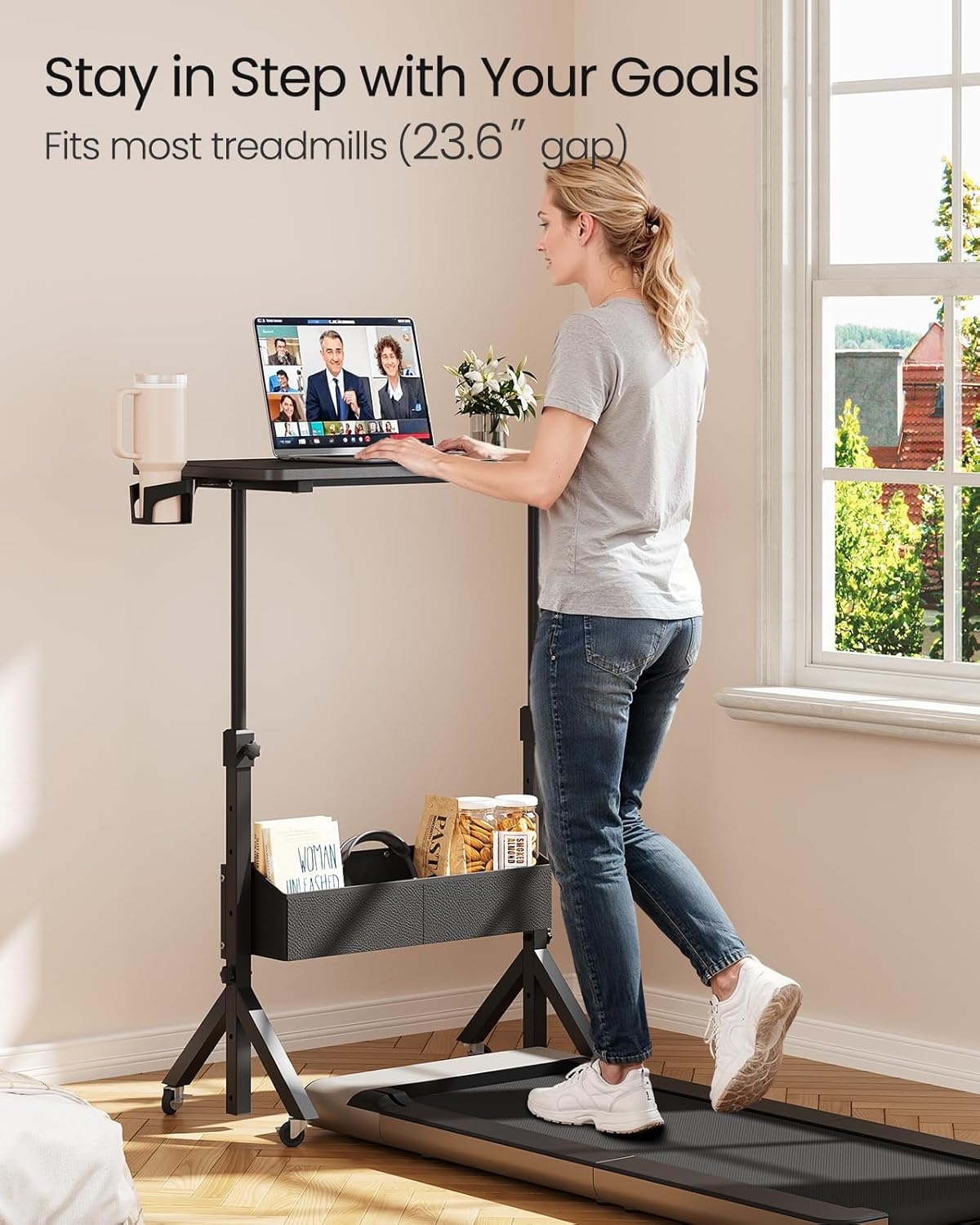 image:imageErGear Mobile Standing Desk with Wheels Adjustable Height 283 to 461 Rolling Laptop Cart with Cup Holder Storage Basket Computer amp Pen Slot Home Office Stand Up Desk White 315 x 1575Black