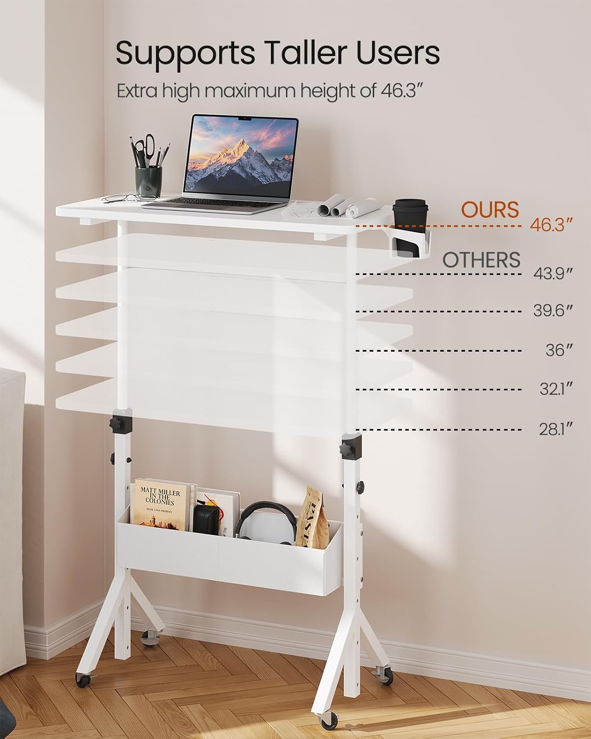 image:imageErGear Mobile Standing Desk with Wheels Adjustable Height 283 to 461 Rolling Laptop Cart with Cup Holder Storage Basket Computer amp Pen Slot Home Office Stand Up Desk White 315 x 1575White