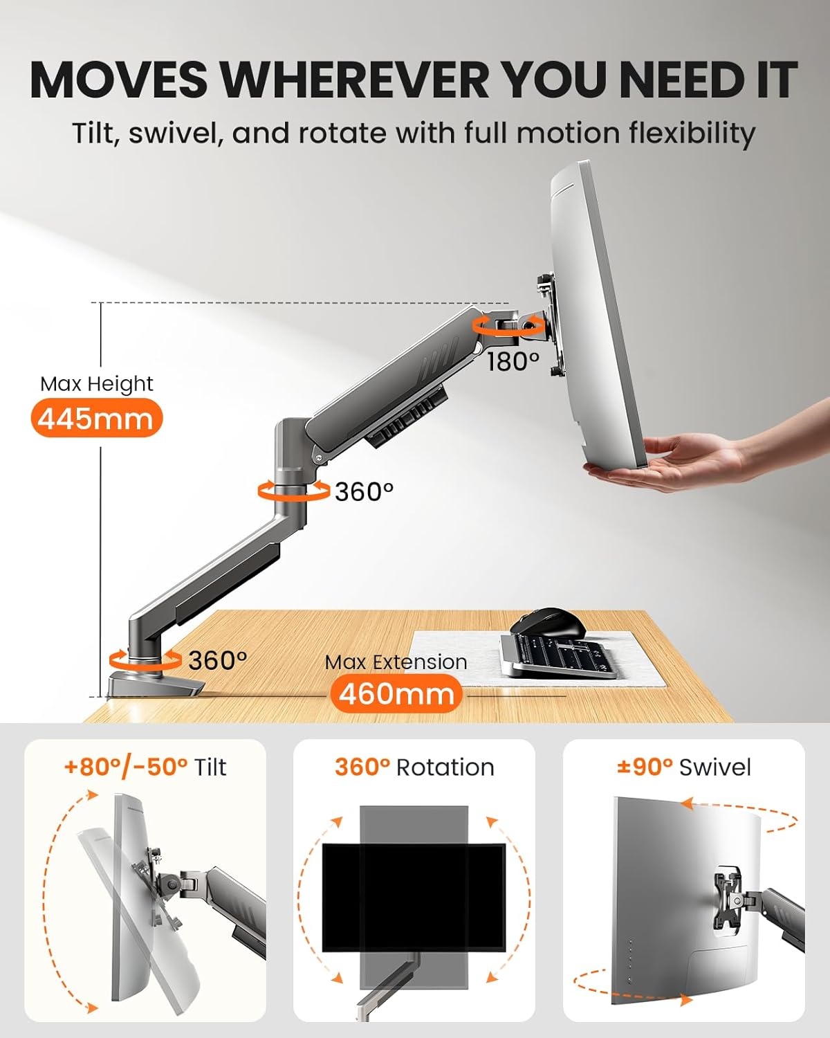 image:imageErGear Single Monitor Arm Fully Adjustable Monitor Mount for 1334 Inch Screens Fast Install Computer Monitor Stand with ToolFree VESA Mount Cable Management Holds 198 lbs Max VESA 100x100mmSingle Arm