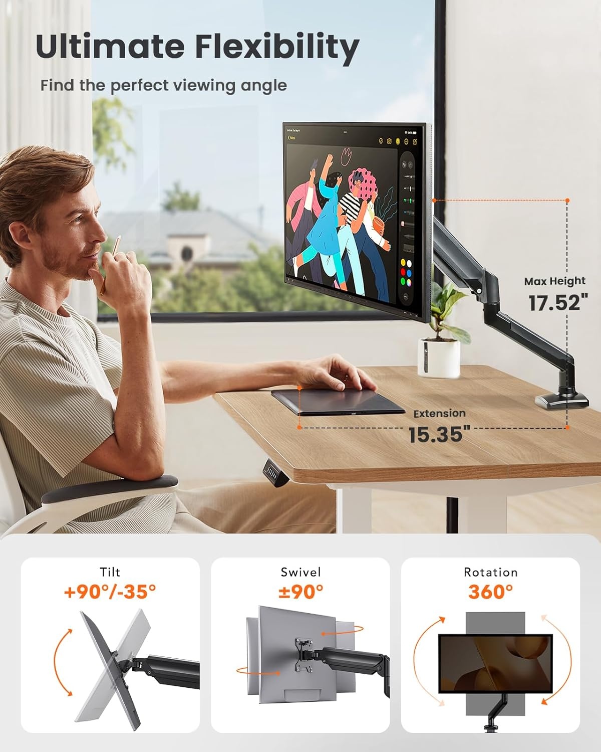 image:imageErGear Single Monitor Arm Fully Adjustable Monitor Mount for 1334 Inch Screens Fast Install Computer Monitor Stand with ToolFree VESA Mount Cable Management Holds 198 lbs Max VESA 100x100mmSingle Arm