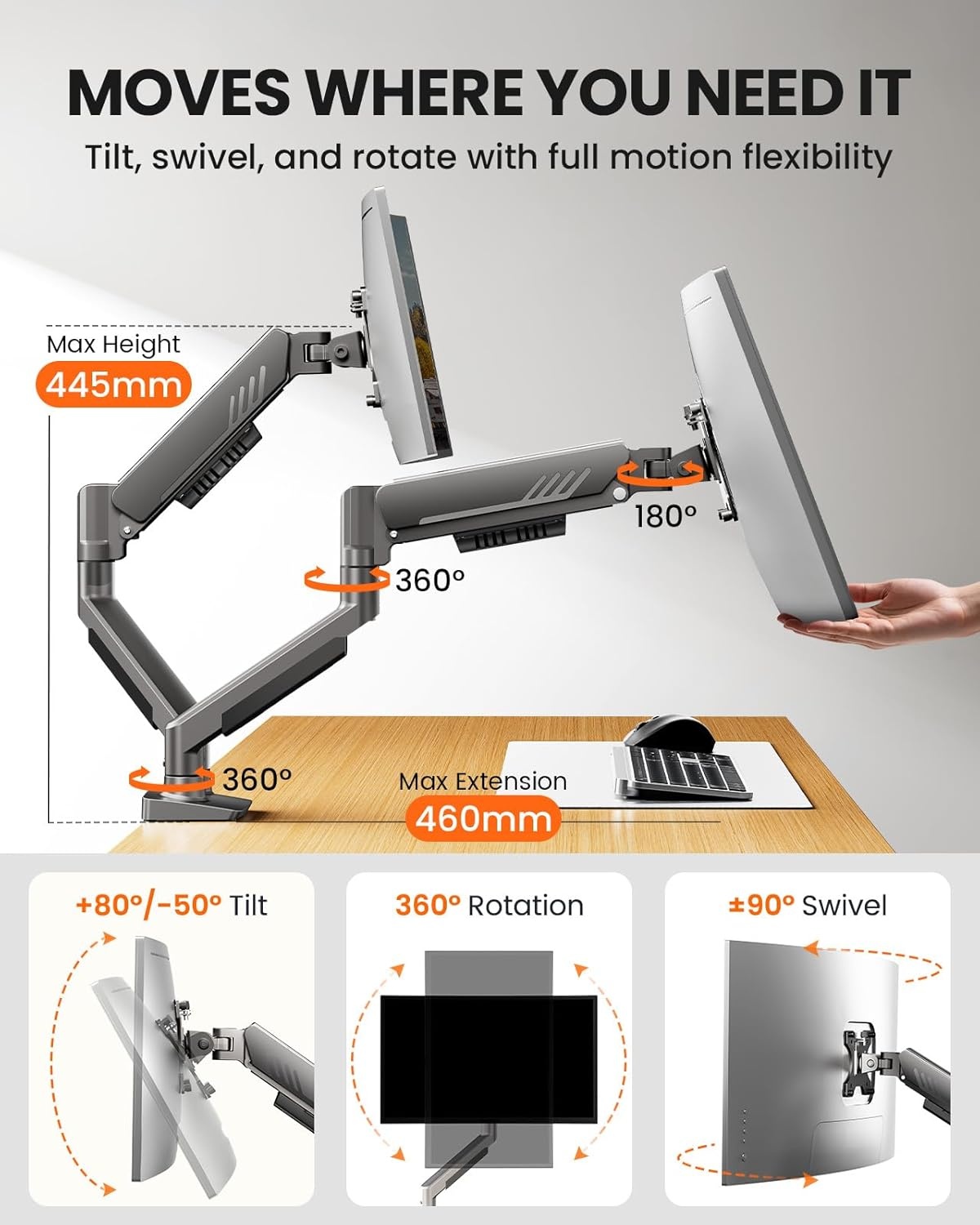 image:imageErGear Single Monitor Arm Fully Adjustable Monitor Mount for 1334 Inch Screens Fast Install Computer Monitor Stand with ToolFree VESA Mount Cable Management Holds 198 lbs Max VESA 100x100mmDual Arms