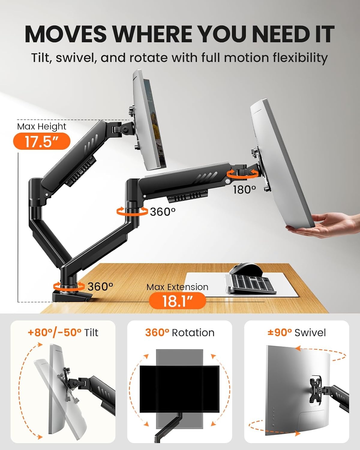 image:imageErGear Single Monitor Arm Fully Adjustable Monitor Mount for 1334 Inch Screens Fast Install Computer Monitor Stand with ToolFree VESA Mount Cable Management Holds 198 lbs Max VESA 100x100mmDual Arms