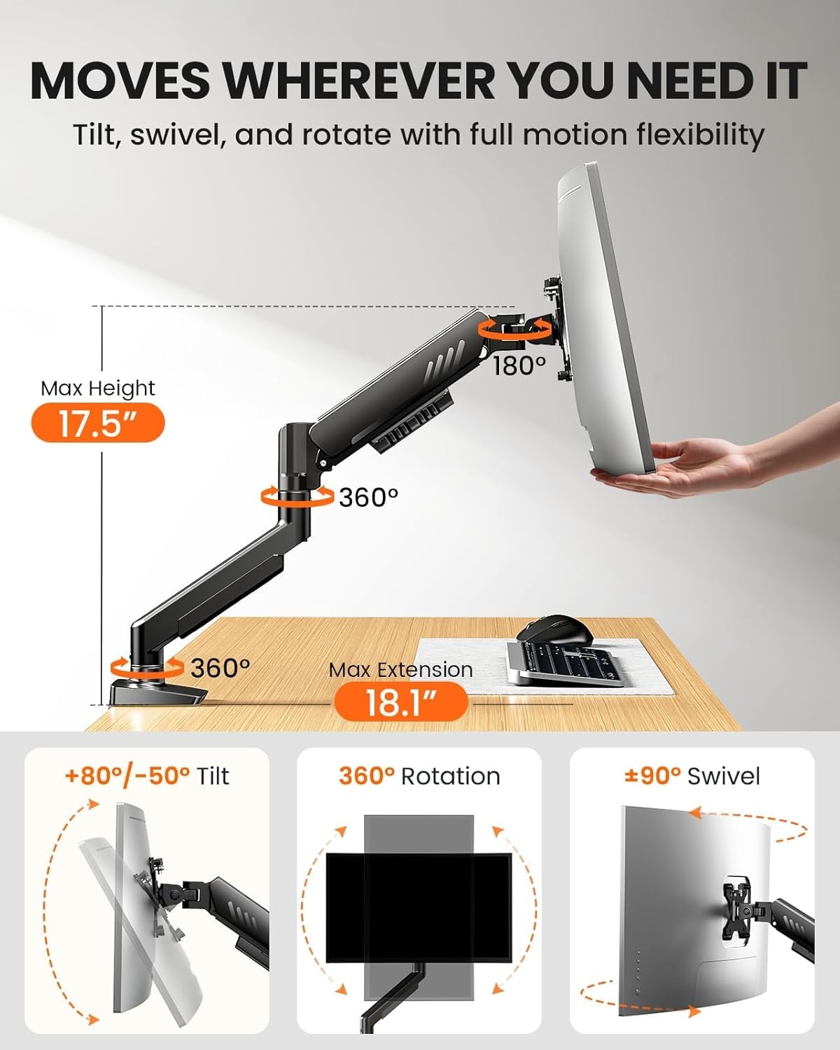 image:imageErGear Single Monitor Arm Fully Adjustable Monitor Mount for 1334 Inch Screens Fast Install Computer Monitor Stand with ToolFree VESA Mount Cable Management Holds 198 lbs Max VESA 100x100mmSingle Arm