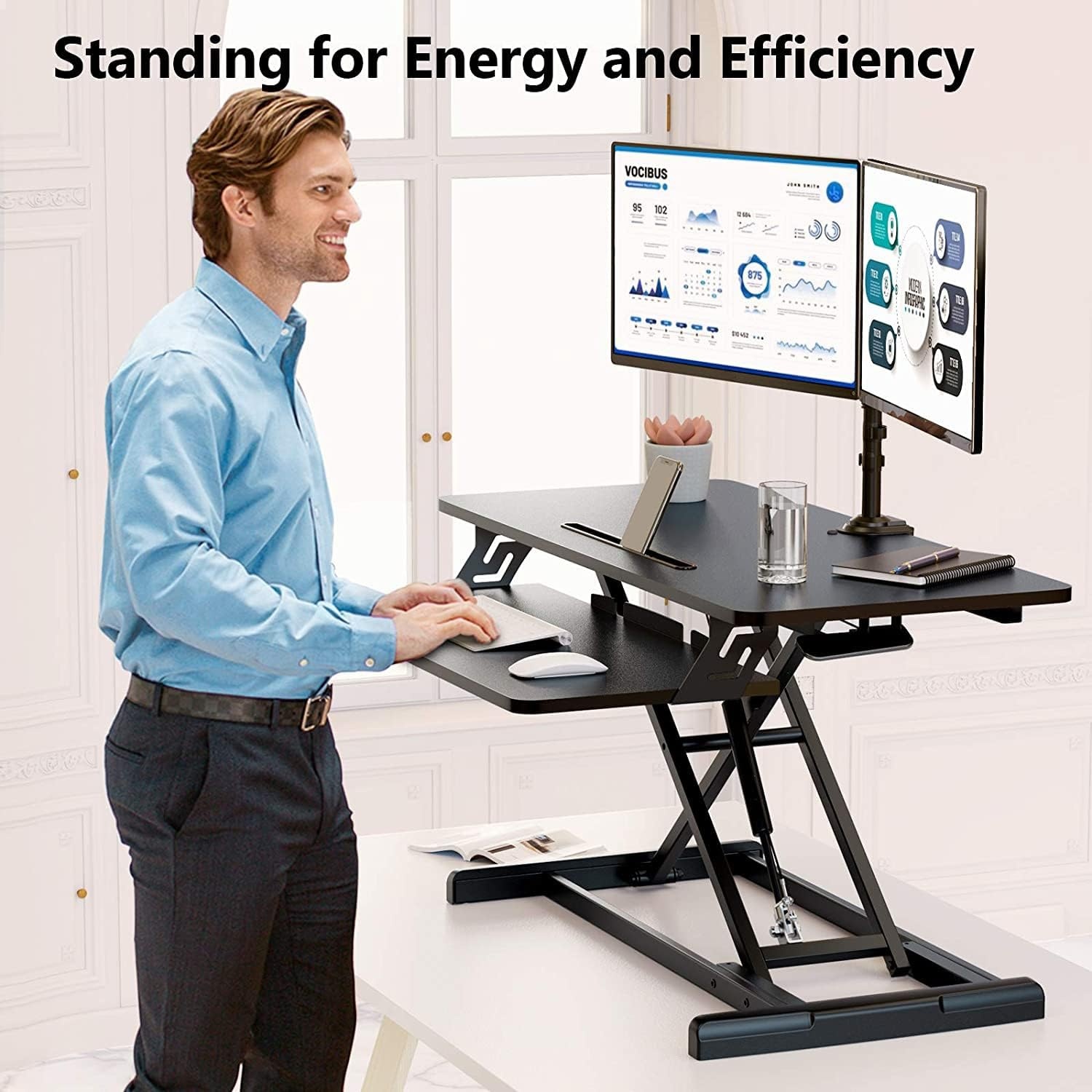 image:imageErGear Standing Up Desk Converter Height Adjustable Sit Stand Desk with Removable Keyboard Tray 35 Inch Large Desk Riser Ergonomic Gas Spring Dual Monitor Workstation for Home Office