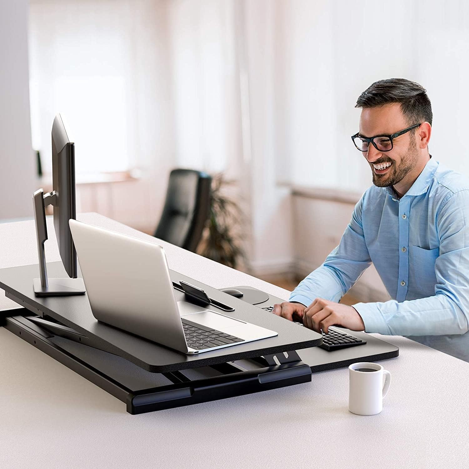 image:imageErGear Standing Up Desk Converter Height Adjustable Sit Stand Desk with Removable Keyboard Tray 35 Inch Large Desk Riser Ergonomic Gas Spring Dual Monitor Workstation for Home Office