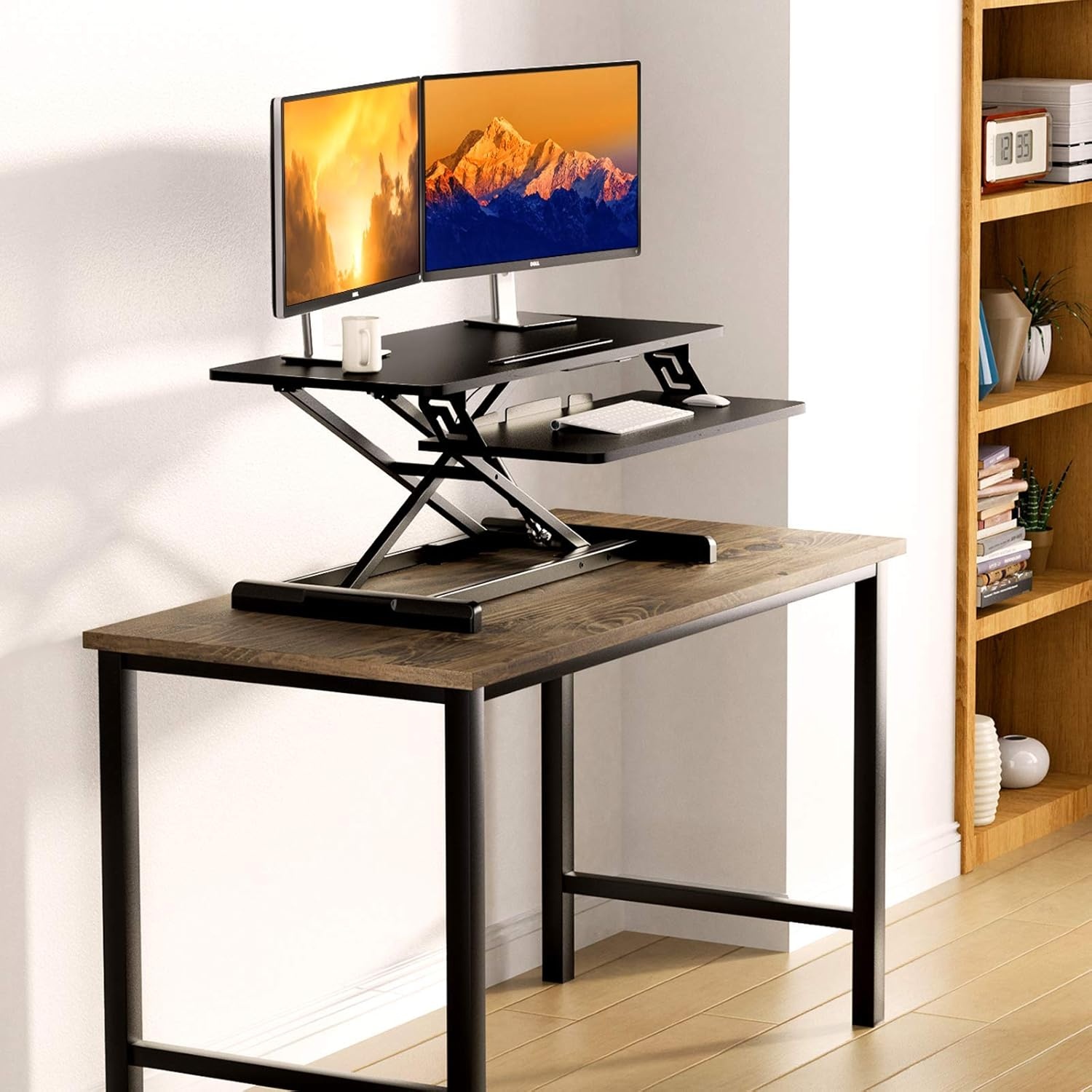 image:imageErGear Standing Up Desk Converter Height Adjustable Sit Stand Desk with Removable Keyboard Tray 35 Inch Large Desk Riser Ergonomic Gas Spring Dual Monitor Workstation for Home Office