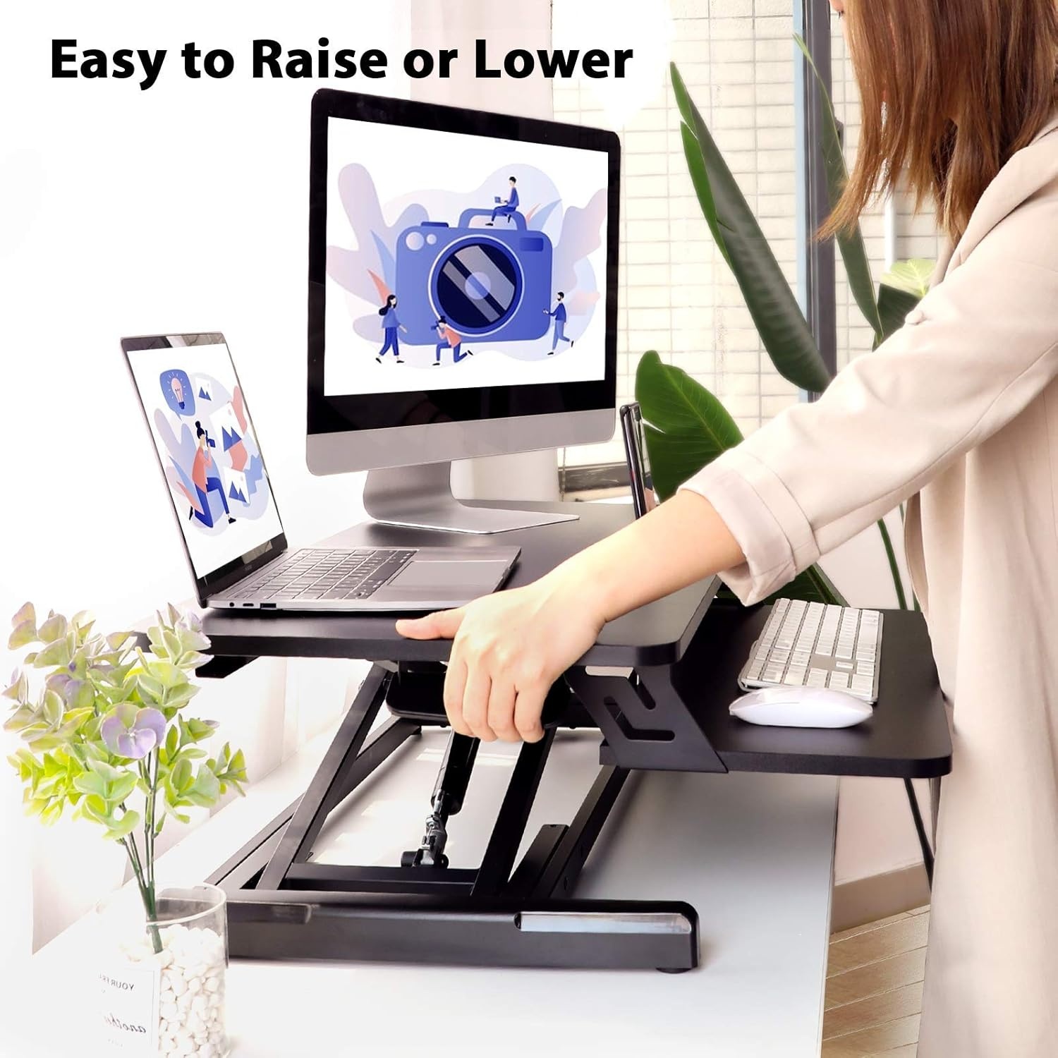 image:imageErGear Standing Up Desk Converter Height Adjustable Sit Stand Desk with Removable Keyboard Tray 35 Inch Large Desk Riser Ergonomic Gas Spring Dual Monitor Workstation for Home Office