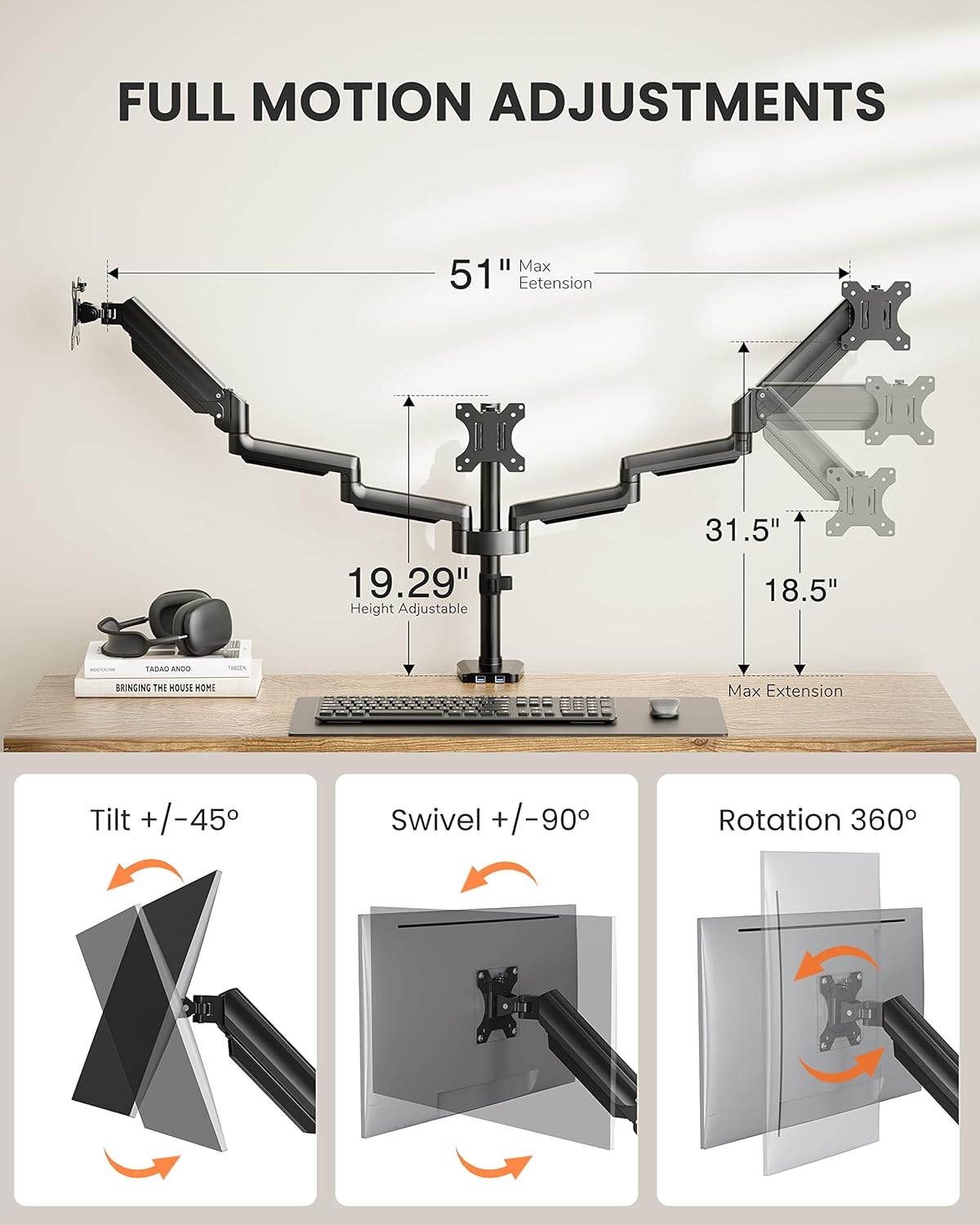 image:imageErGear Triple Monitor Mount for 1327 inch Screens Triple Monitor Arms with USB Heavy Duty Three Monitors Stand with Tilt Swivel Rotation Holds Up to 176 lbs Each Arm