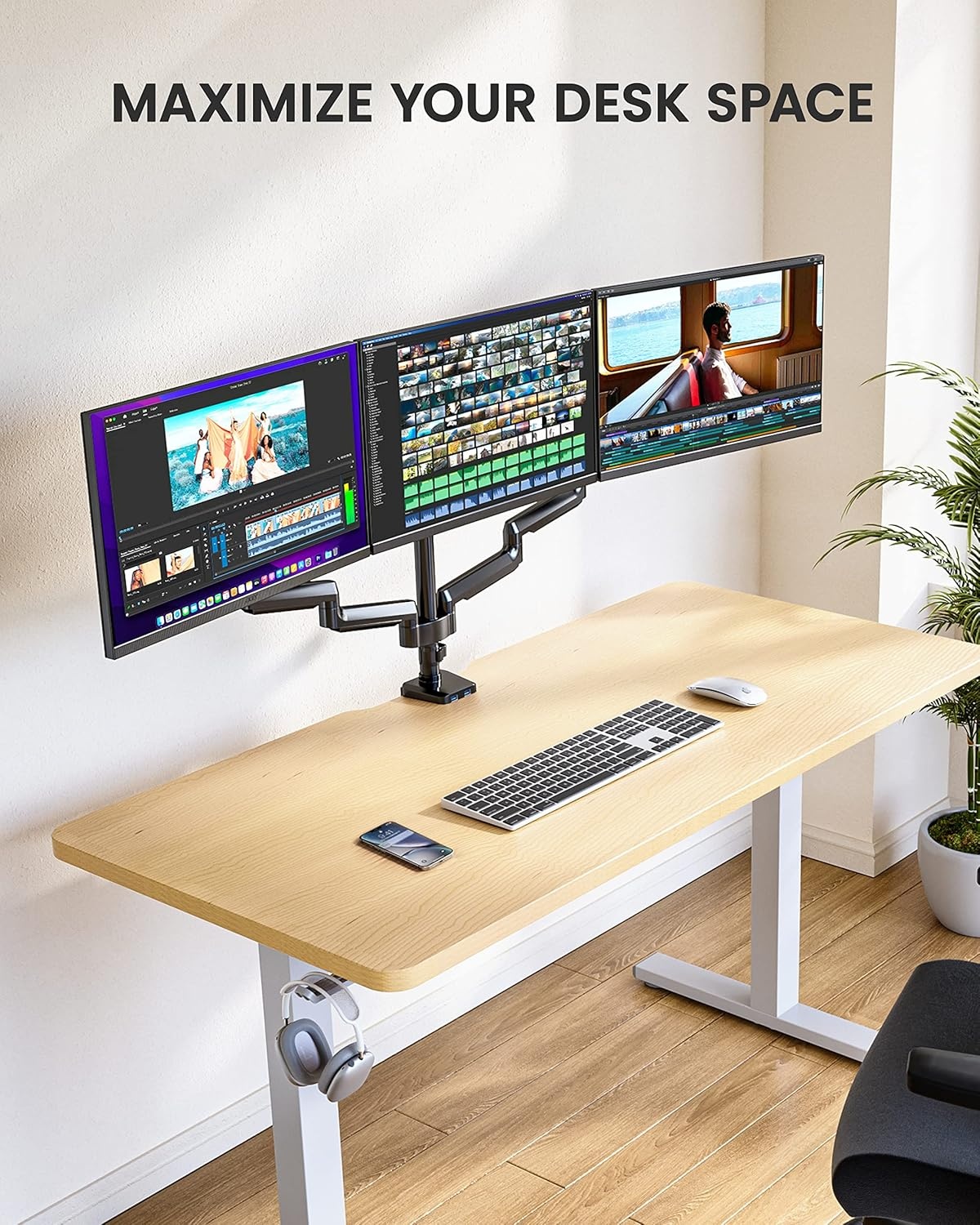 image:imageErGear Triple Monitor Mount for 1327 inch Screens Triple Monitor Arms with USB Heavy Duty Three Monitors Stand with Tilt Swivel Rotation Holds Up to 176 lbs Each Arm