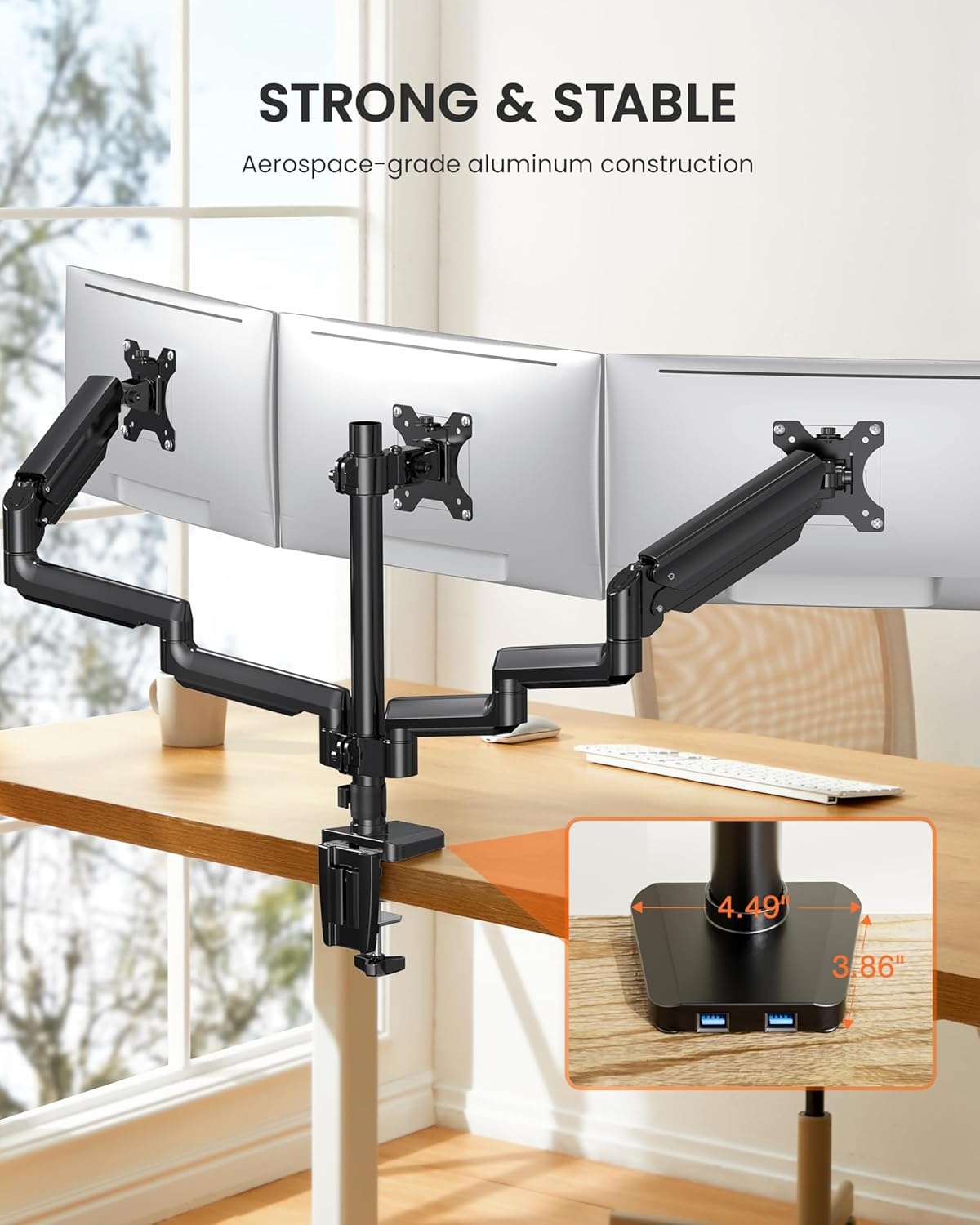 image:imageErGear Triple Monitor Mount for 1327 inch Screens Triple Monitor Arms with USB Heavy Duty Three Monitors Stand with Tilt Swivel Rotation Holds Up to 176 lbs Each Arm