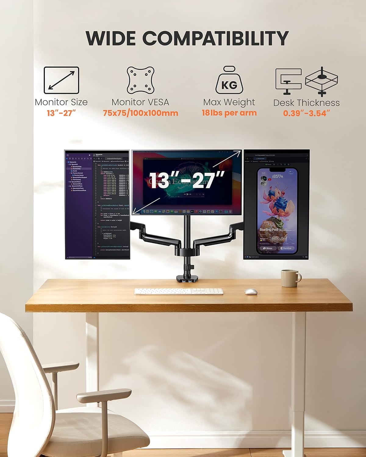 image:imageErGear Triple Monitor Mount for 1327 inch Screens Triple Monitor Arms with USB Heavy Duty Three Monitors Stand with Tilt Swivel Rotation Holds Up to 176 lbs Each Arm