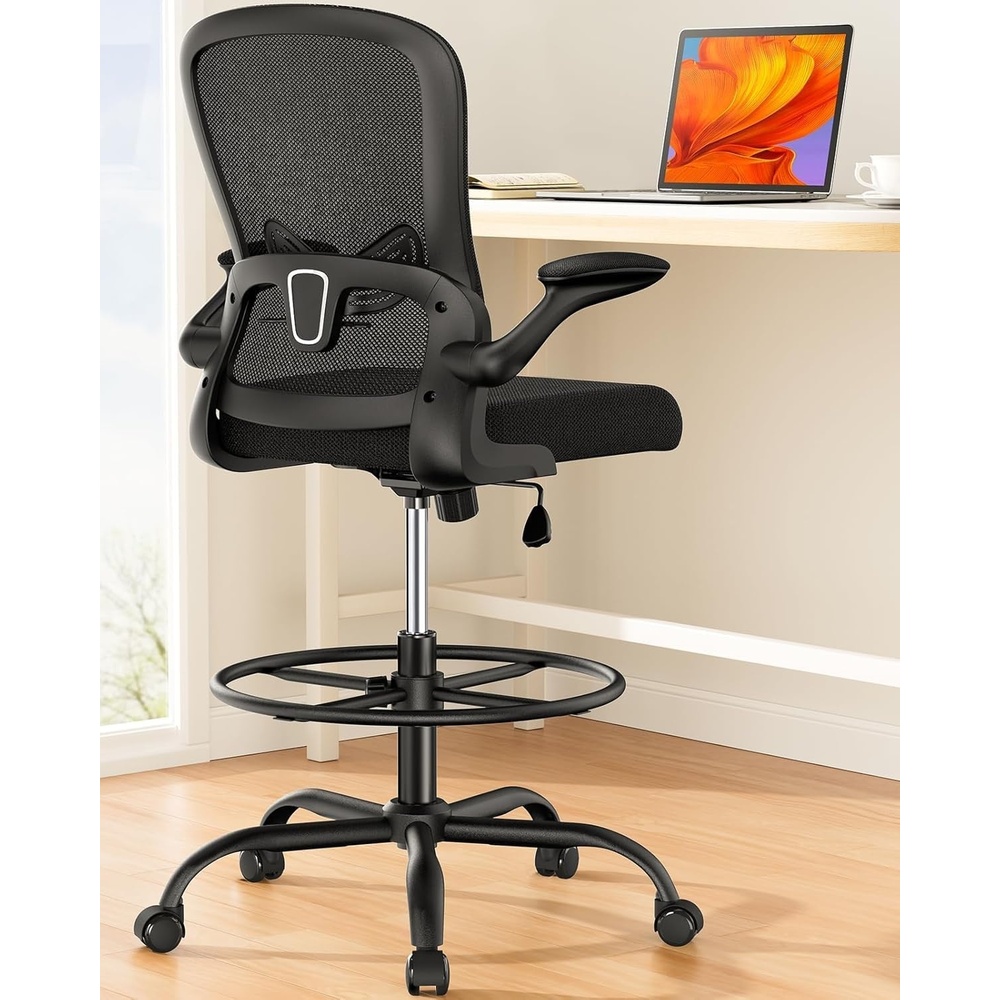 image:imageErGear Drafting Chair Standing Desk Chair with FlipUp Armrests High Desk Chair Adjustable Height Ergonomic Tall Office Chair with Lumbar Support and Adjustable Footrest RingBlack