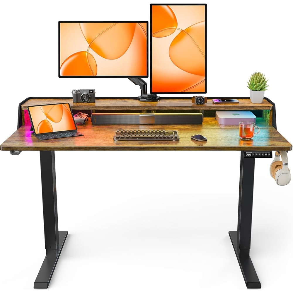 image:imageErGear Electric Standing Desk 48x24 Inch Adjustable Sit Stand Desk with Bookshelf amp Monitor Stand Standing Gaming Desk with LED Light Strip Stand Up Desk for Home Office Vintage BrownVintage Brown
