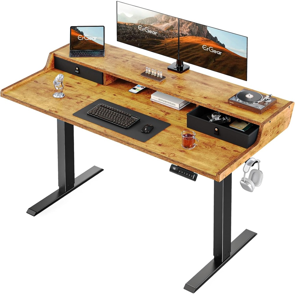 image:imageErGear Electric Standing Desk with Drawers 48 x 24 Gaming Table Compatible Monitor Stand Stand up Desks Home Office HeightAdjustable Desk with Storage Shelf 4 Preset Heights WhiteVintage Brown
