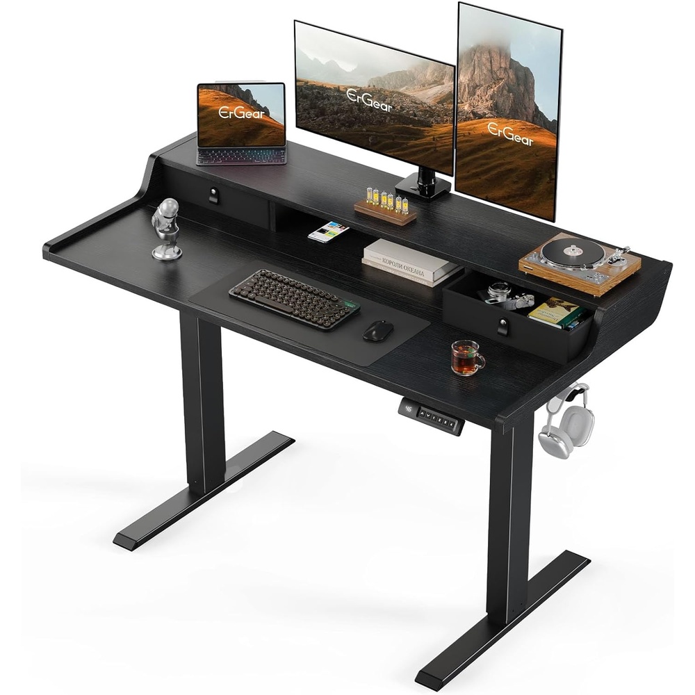 image:imageErGear Electric Standing Desk with Drawers 48 x 24 Gaming Table Compatible Monitor Stand Stand up Desks Home Office HeightAdjustable Desk with Storage Shelf 4 Preset Heights WhiteBlack