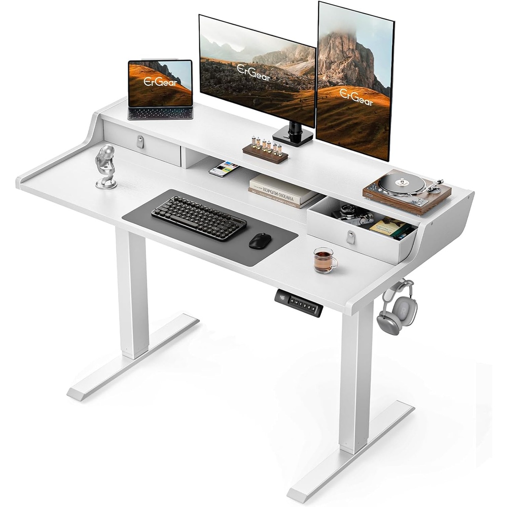 image:imageErGear Electric Standing Desk with Drawers 48 x 24 Gaming Table Compatible Monitor Stand Stand up Desks Home Office HeightAdjustable Desk with Storage Shelf 4 Preset Heights WhiteWhite