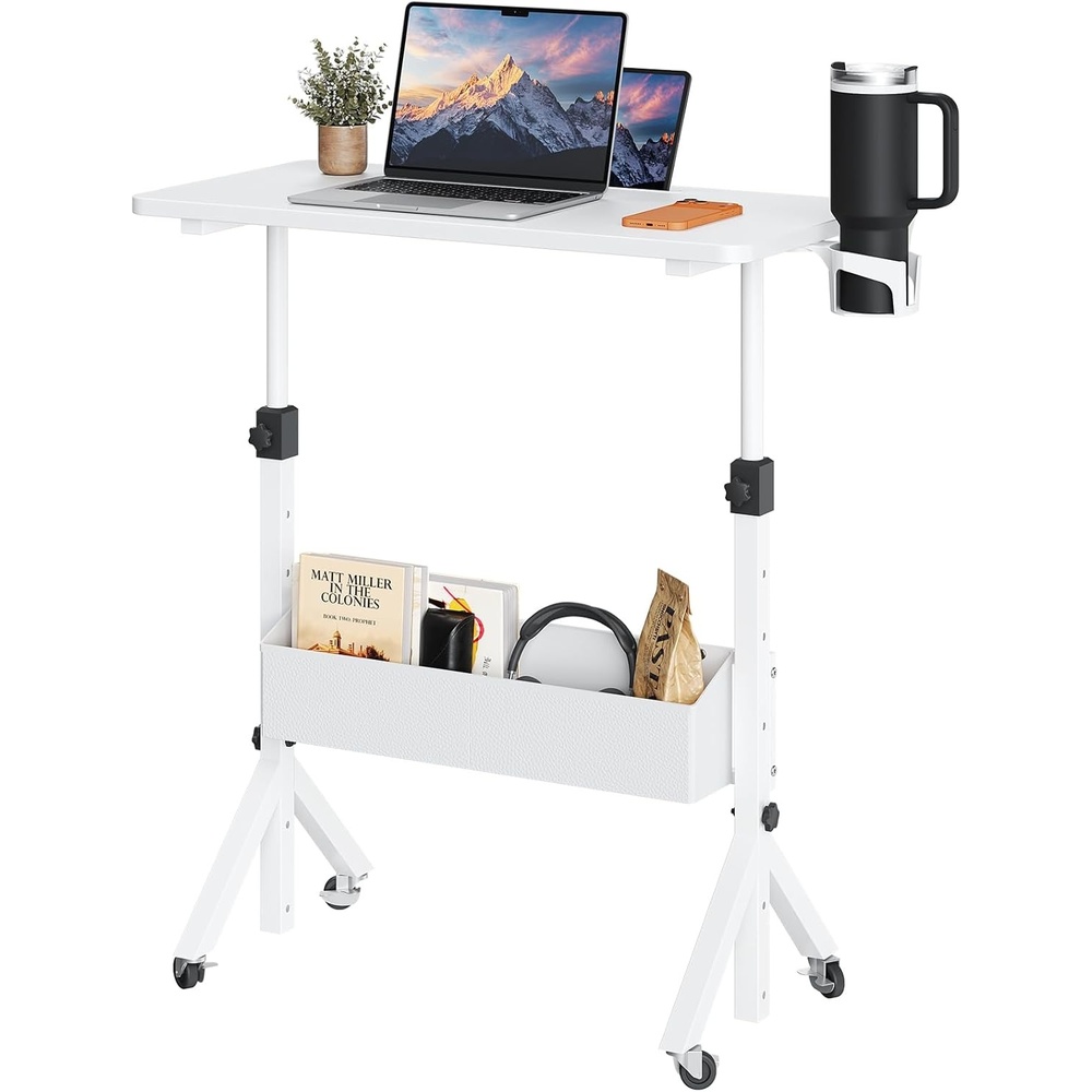 image:imageErGear Mobile Standing Desk with Wheels Adjustable Height 283 to 461 Rolling Laptop Cart with Cup Holder Storage Basket Computer amp Pen Slot Home Office Stand Up Desk White 315 x 1575White