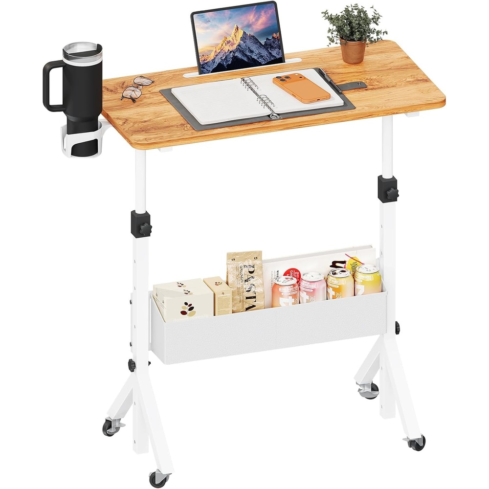 image:imageErGear Mobile Standing Desk with Wheels Adjustable Height 283 to 461 Rolling Laptop Cart with Cup Holder Storage Basket Computer amp Pen Slot Home Office Stand Up Desk White 315 x 1575Light Vintage Wood