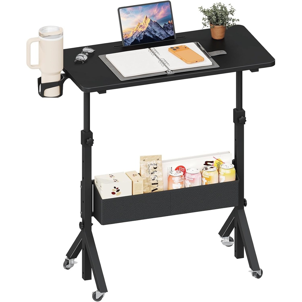 image:imageErGear Mobile Standing Desk with Wheels Adjustable Height 283 to 461 Rolling Laptop Cart with Cup Holder Storage Basket Computer amp Pen Slot Home Office Stand Up Desk White 315 x 1575Black
