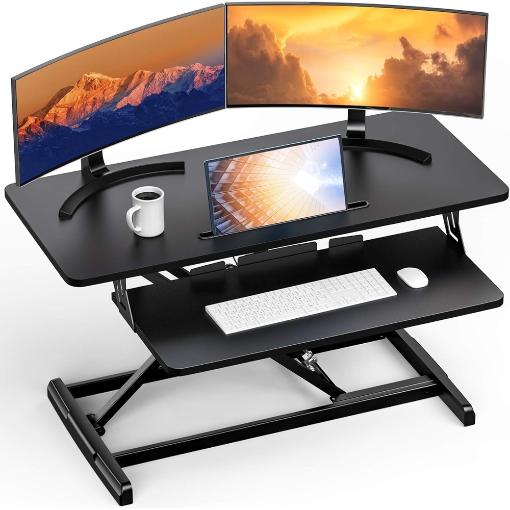 image:imageErGear Standing Up Desk Converter Height Adjustable Sit Stand Desk with Removable Keyboard Tray 35 Inch Large Desk Riser Ergonomic Gas Spring Dual Monitor Workstation for Home Office