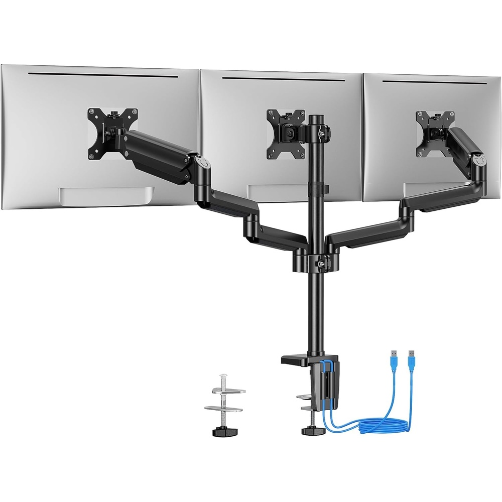 image:imageErGear Triple Monitor Mount for 1327 inch Screens Triple Monitor Arms with USB Heavy Duty Three Monitors Stand with Tilt Swivel Rotation Holds Up to 176 lbs Each Arm